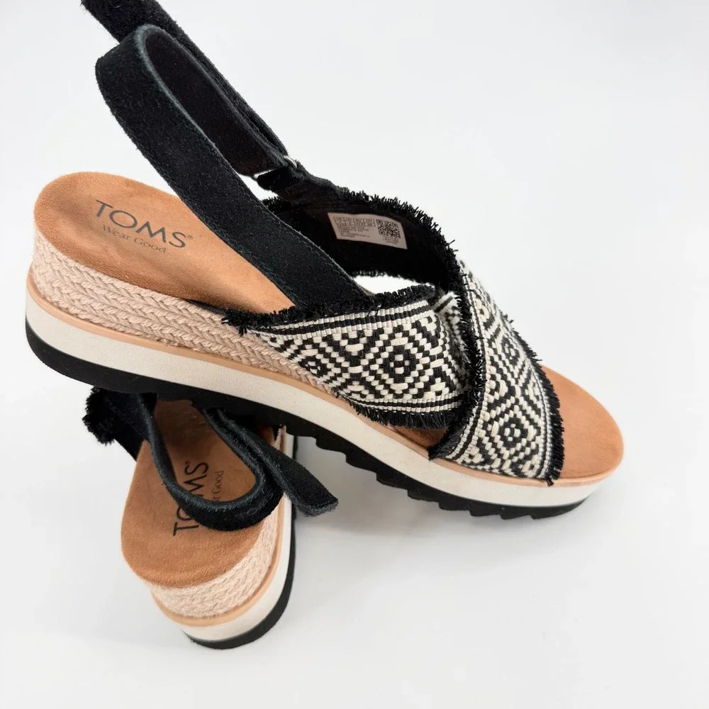 TOMS Monica Black White Geometric Woven Espadrille Platform Wedge Sandals 11